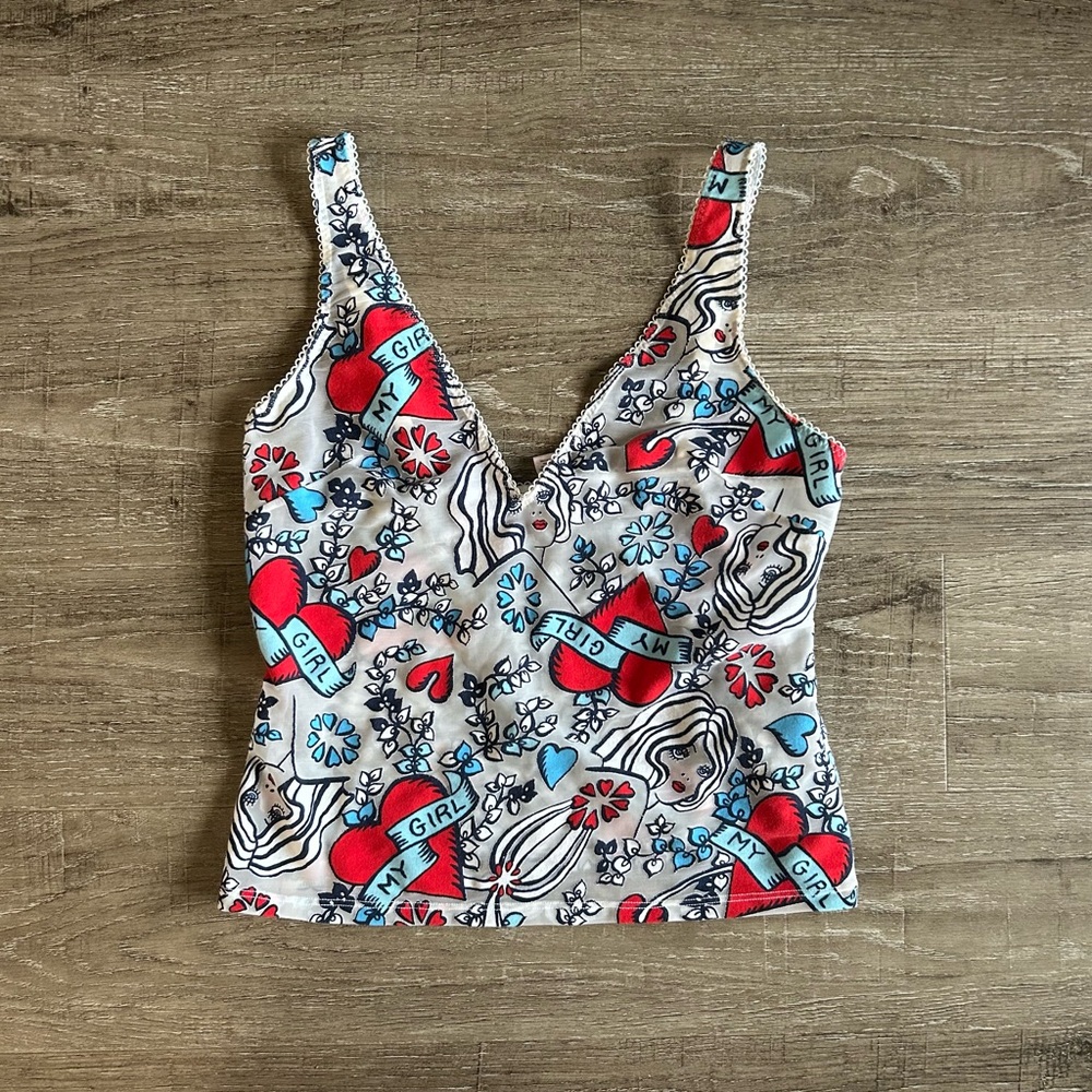 Victoria's Secret Tattoo Print Lingerie Top with Lace Trim Red White and Blue